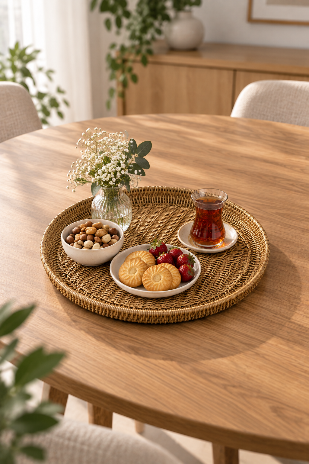35 cm Yuvarlak Hasır Tepsi – Dekoratif Rattan Görünümlü Sunum Tepsisi – Kahve, Kahvaltı ve Servis Tepsisi