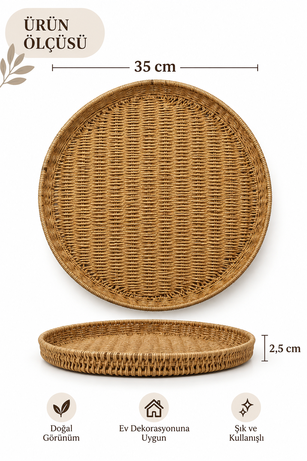35 cm Yuvarlak Hasır Tepsi – Dekoratif Rattan Görünümlü Sunum Tepsisi – Kahve, Kahvaltı ve Servis Tepsisi