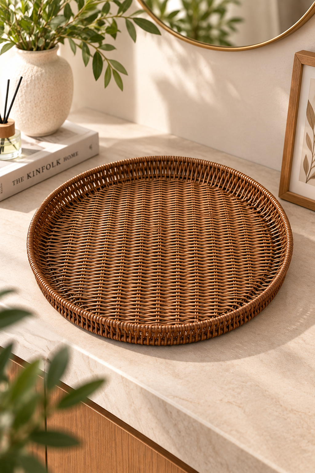 40 cm Yuvarlak Hasır Tepsi – Dekoratif Rattan Görünümlü Sunum ve Servis Tepsisi – Kahve Kahvaltı Tepsisi
