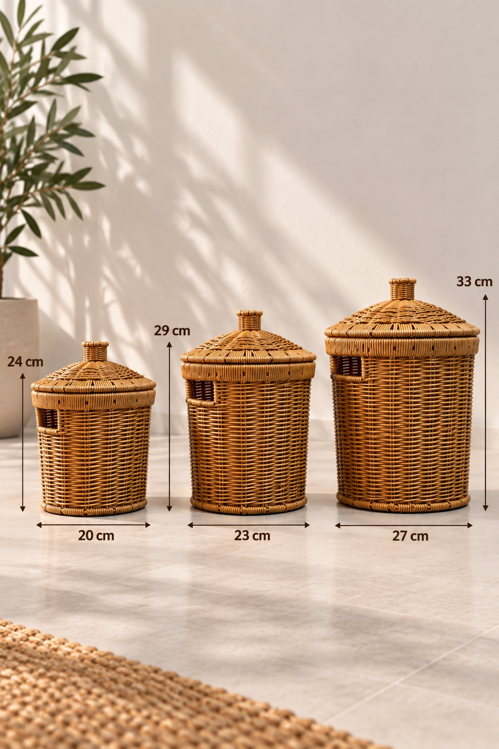 3’lü Hasır Patates Soğan Sepeti Seti - Kapaklı Rattan Görünümlü Mutfak Erzak ve Düzenleme Sepeti