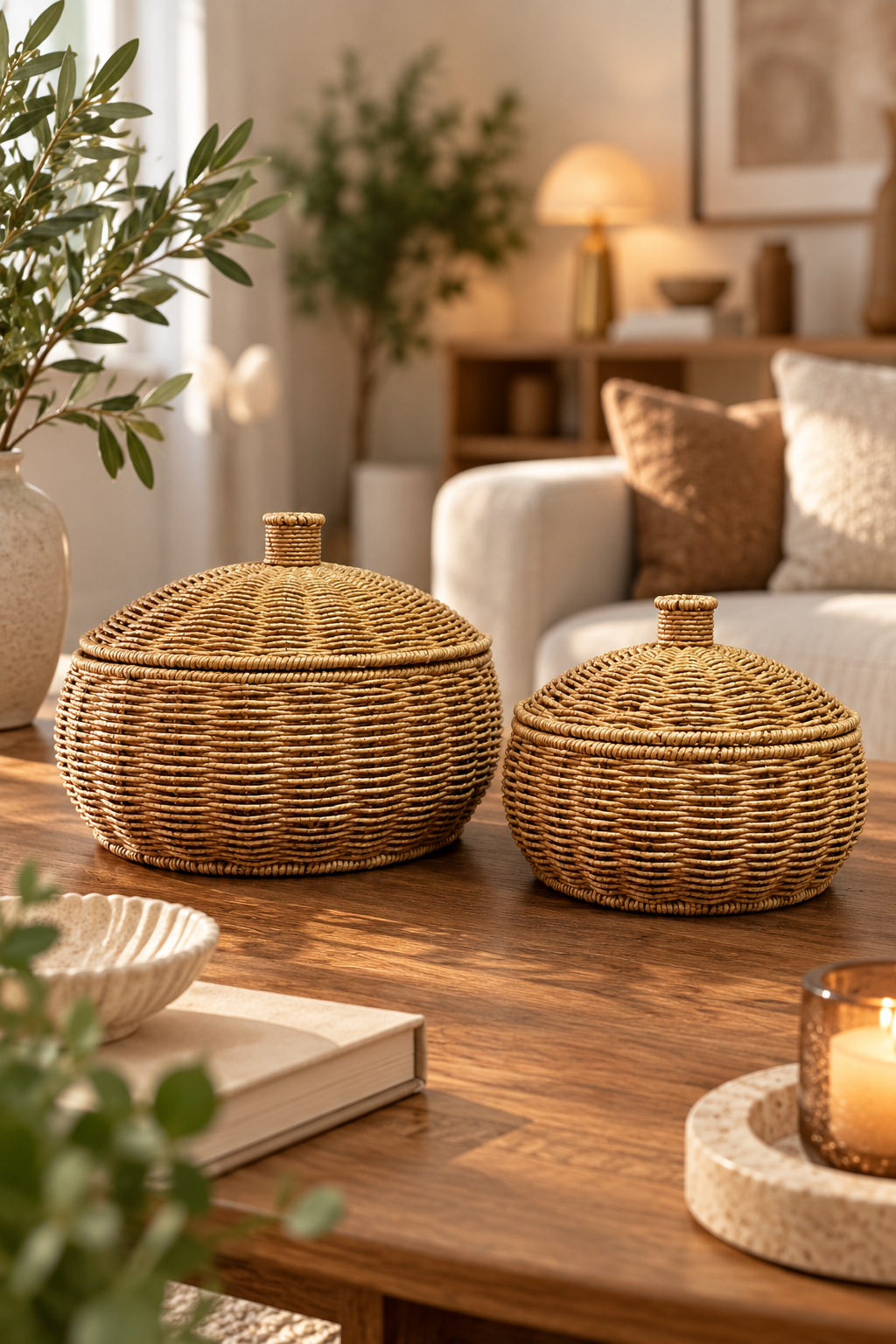 Hasır Rattan Kapaklı Dekoratif Sepet – Düzenleyici ve Sunum Sepeti Küçük Boy 24x17 cm
