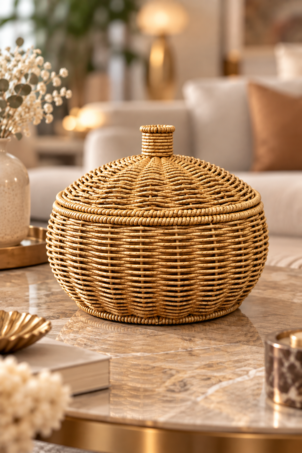 Hasır Rattan Kapaklı Dekoratif Sepet – Düzenleyici ve Sunum Sepeti Küçük Boy 24x17 cm