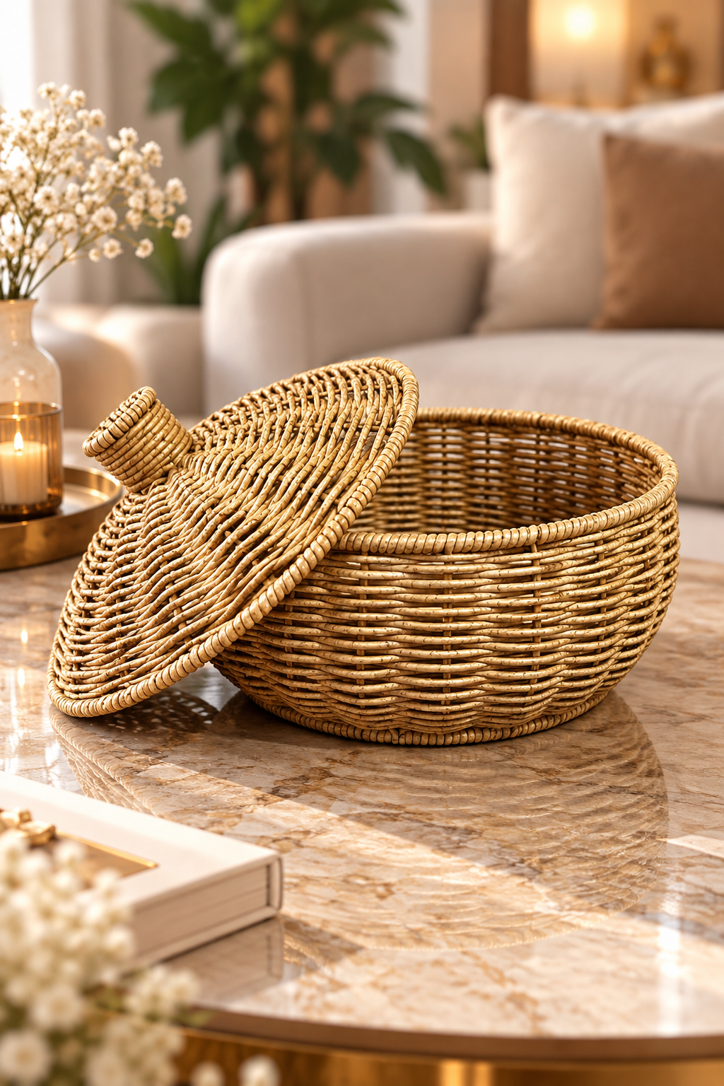 Hasır Rattan Kapaklı Dekoratif Sepet – Düzenleyici ve Sunum Sepeti Küçük Boy 24x17 cm