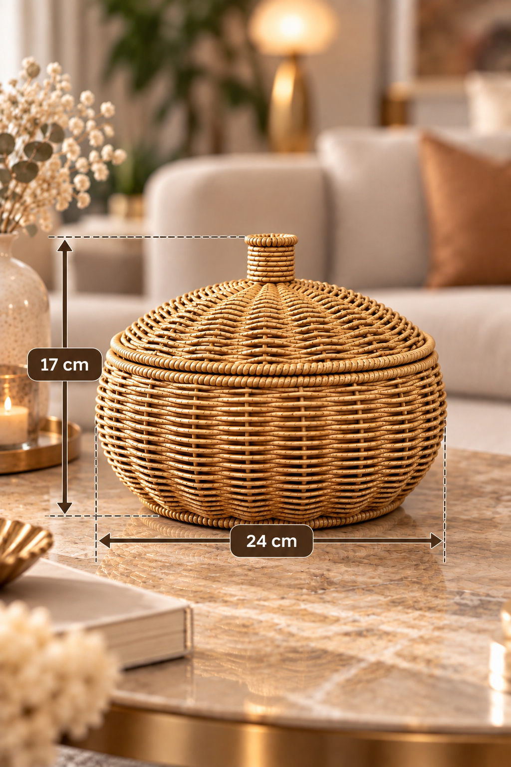 Hasır Rattan Kapaklı Dekoratif Sepet – Düzenleyici ve Sunum Sepeti Küçük Boy 24x17 cm