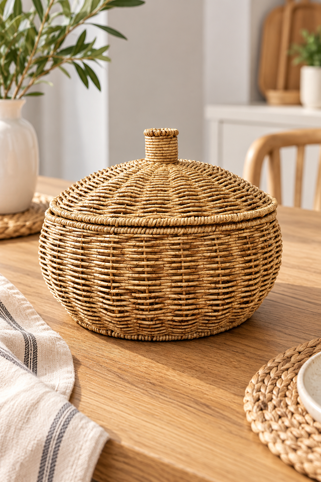 Hasır Rattan Kapaklı Sepet 29x24 cm Büyük Boy – El Yapımı Dekoratif Düzenleyici Saklama ve Sunum Sepeti