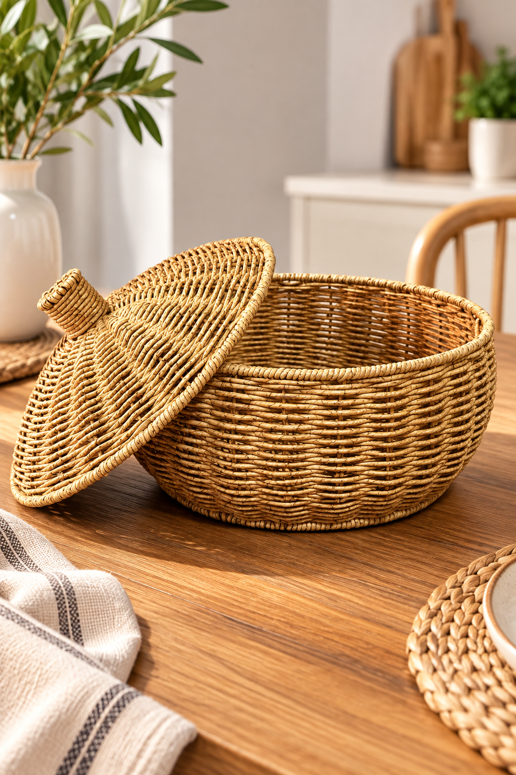 Hasır Rattan Kapaklı Sepet 29x24 cm Büyük Boy – El Yapımı Dekoratif Düzenleyici Saklama ve Sunum Sepeti
