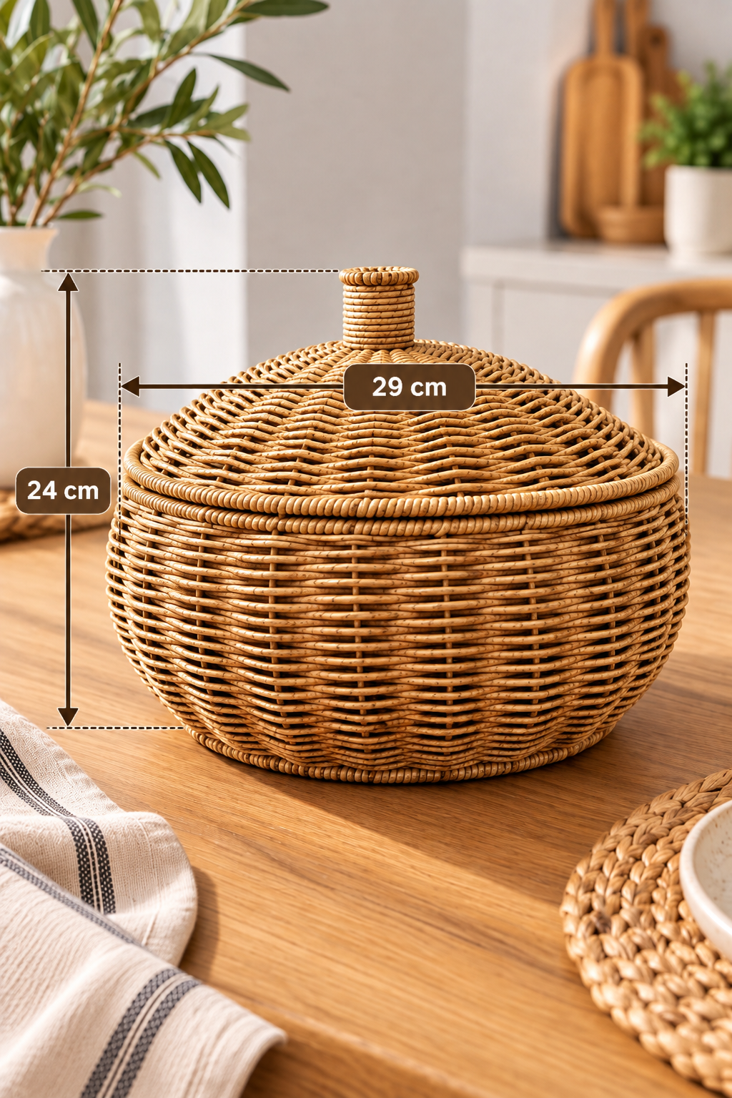 Hasır Rattan Kapaklı Sepet 29x24 cm Büyük Boy – El Yapımı Dekoratif Düzenleyici Saklama ve Sunum Sepeti