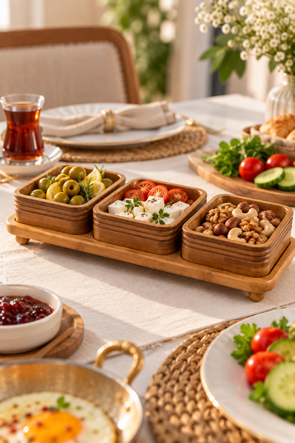 3’lü Bambu Sunumluk Seti – Şeffaf Kapaklı 3 Bölmeli Kahvaltılık, Çerezlik ve İkramlık