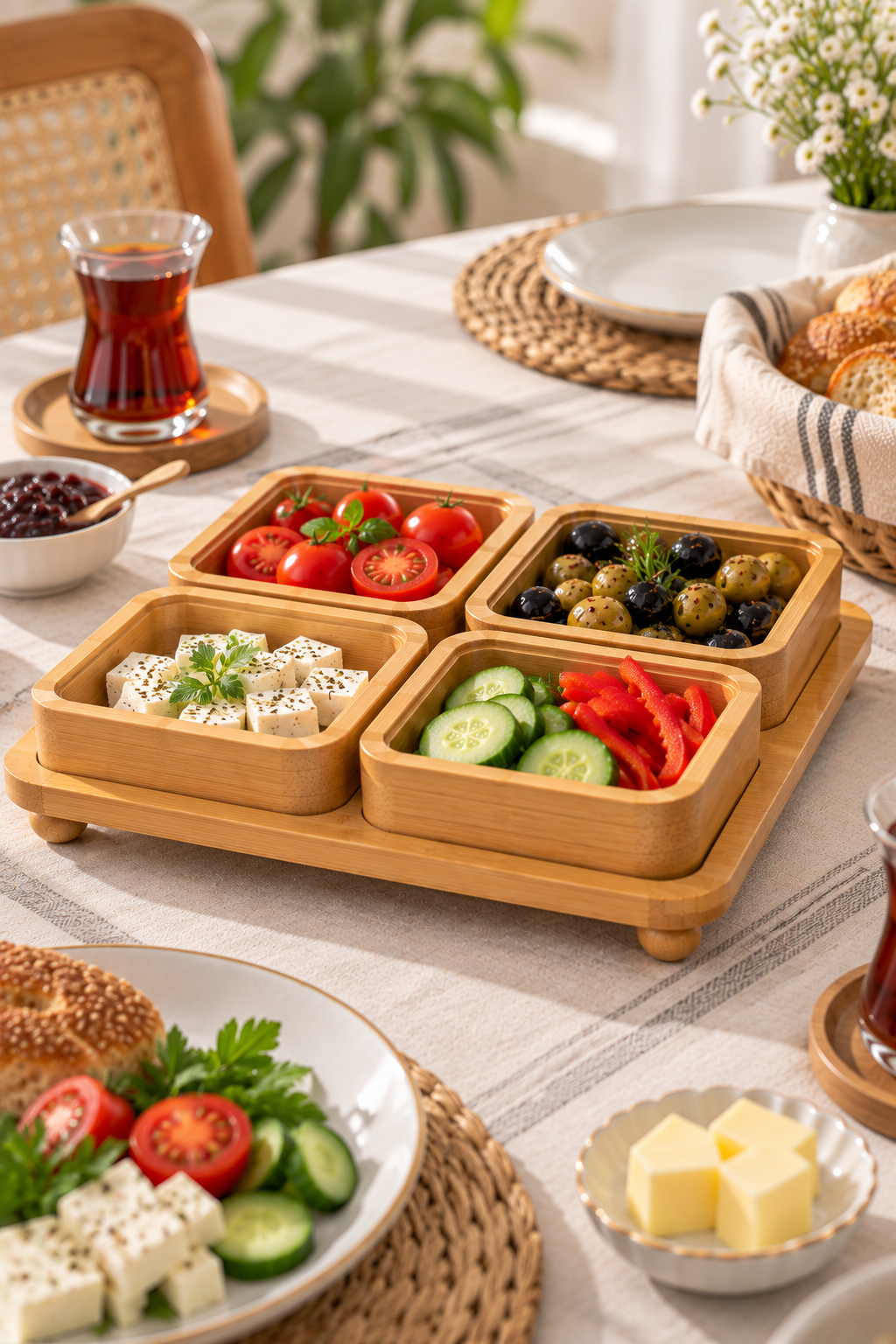 4 Bölmeli Bambu Sunumluk – Şeffaf Kapaklı Kahvaltılık ve Çerezlik Seti