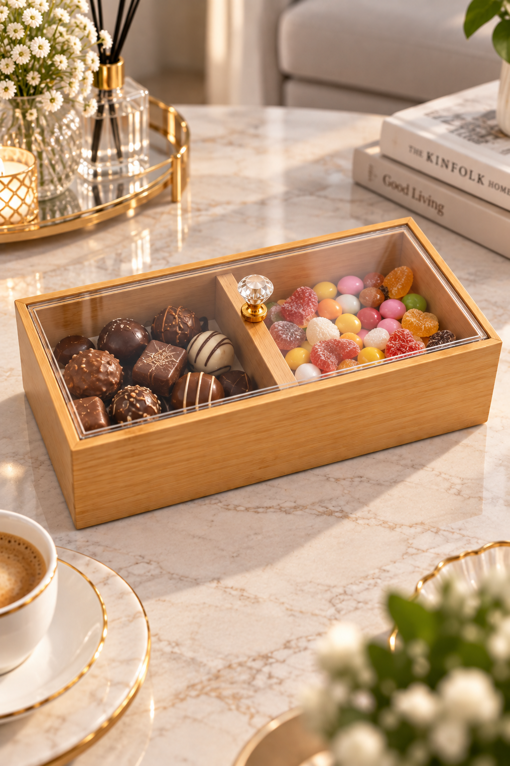 Bambu 2 Bölmeli Kapaklı Sunumluk – Dekoratif Kutu – Kristal Kulplu 20x10x5 cm