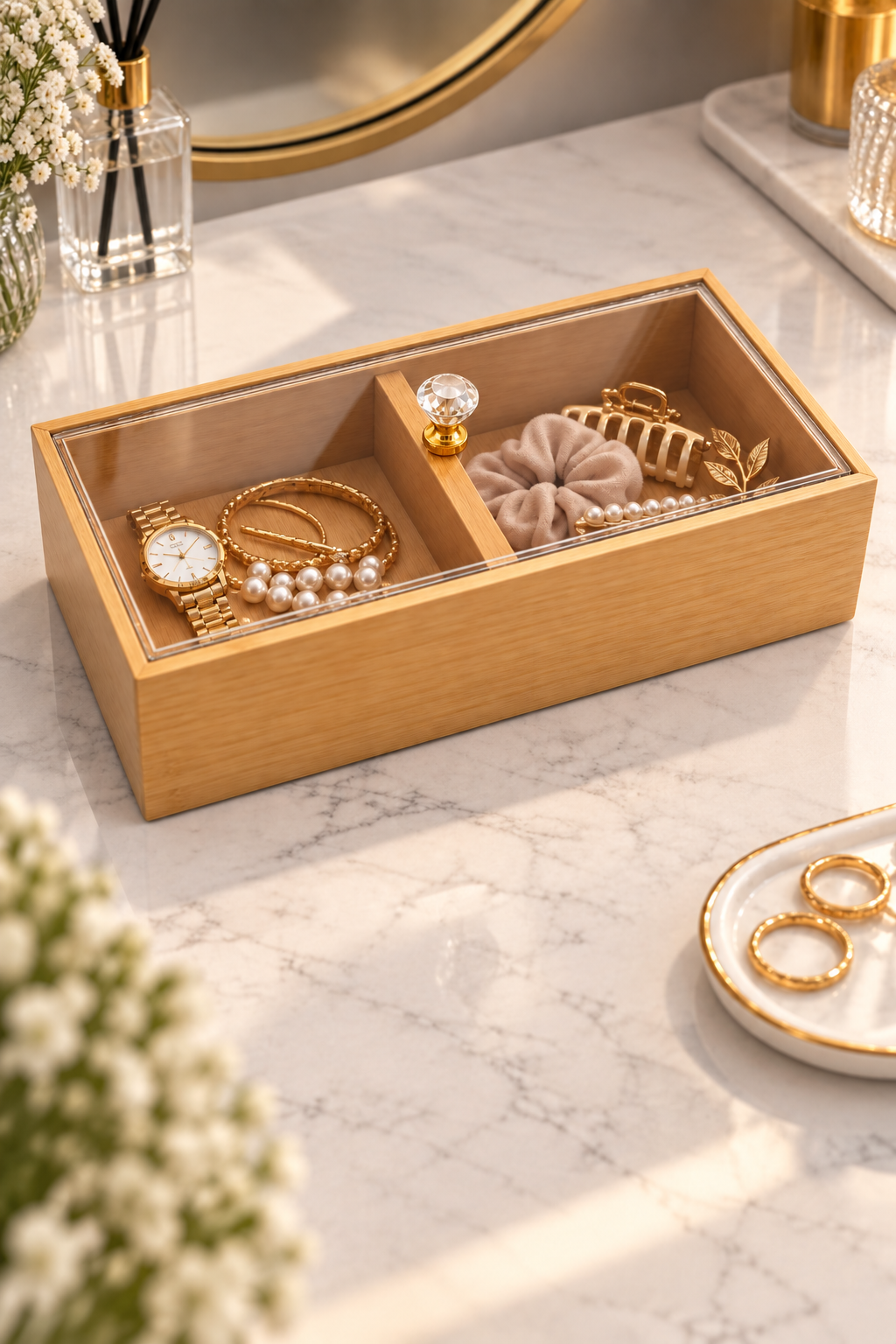 Bambu 2 Bölmeli Kapaklı Sunumluk – Dekoratif Kutu – Kristal Kulplu 20x10x5 cm