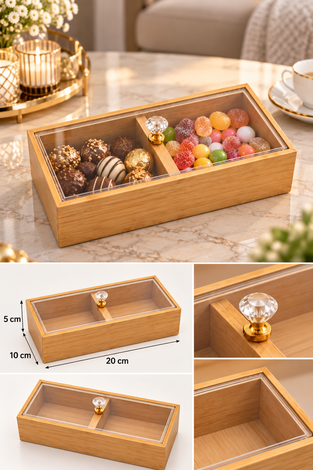 Bambu 2 Bölmeli Kapaklı Sunumluk – Dekoratif Kutu – Kristal Kulplu 20x10x5 cm
