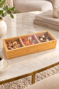 3 Bölmeli Bambu Kapaklı Sunumluk – Şeffaf Kapaklı Çerezlik, Takı ve Düzenleyici Kutu 30x10x5 cm