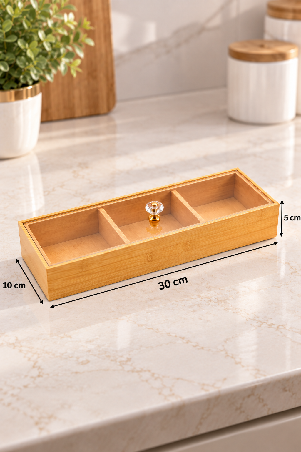 3 Bölmeli Bambu Kapaklı Sunumluk – Şeffaf Kapaklı Çerezlik, Takı ve Düzenleyici Kutu 30x10x5 cm