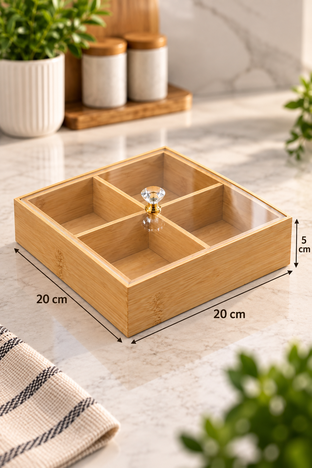 4 Gözlü, Akrilik Kapaklı, Mdf Çok Amaçlı Dekoratif Kutu, Takı Organizeri, Çerezlik 20x20 cm