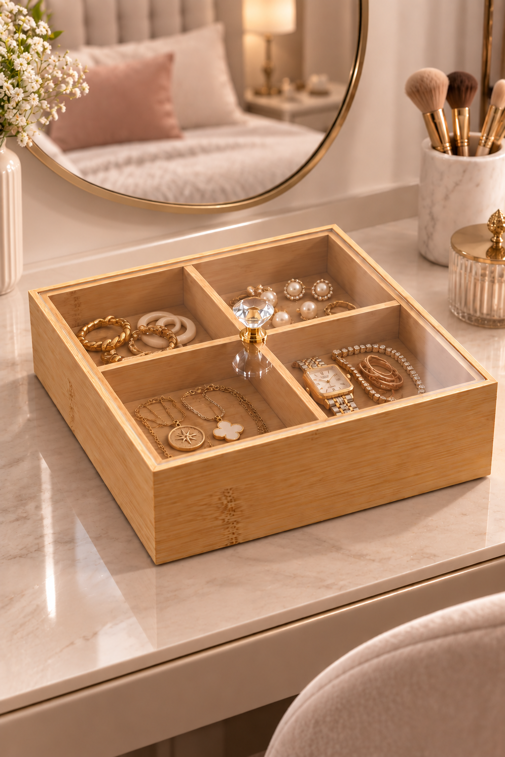 4 Gözlü, Akrilik Kapaklı, Mdf Çok Amaçlı Dekoratif Kutu, Takı Organizeri, Çerezlik 20x20 cm
