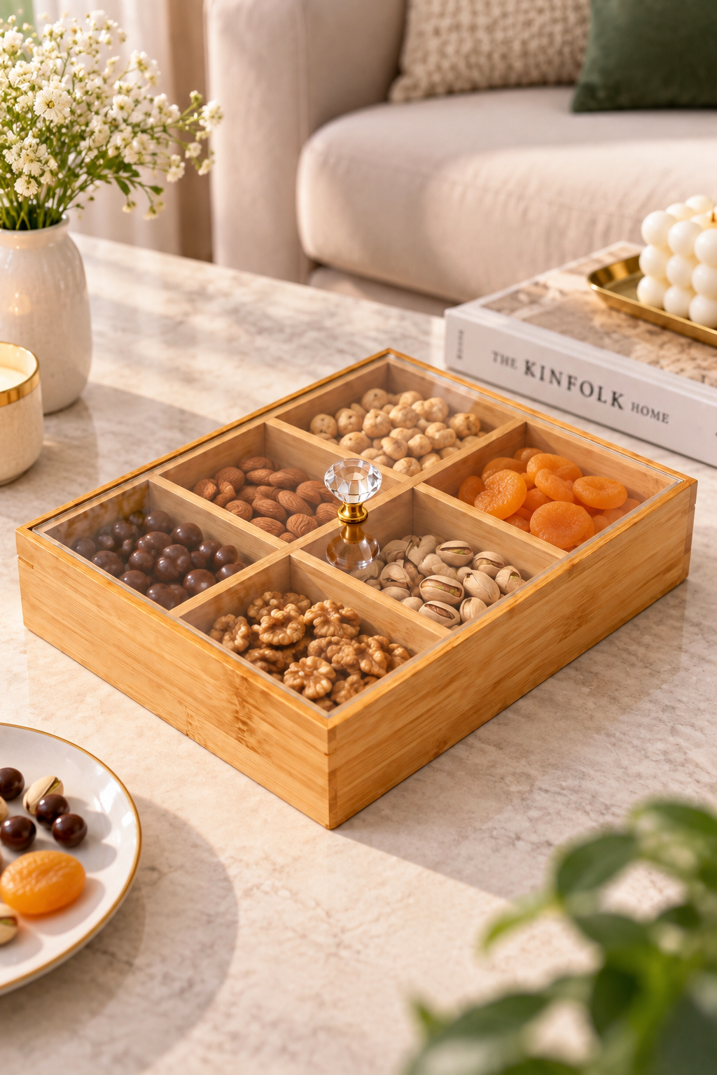 6 Gözlü, Akrilik Kapaklı, Mdf Çok Amaçlı Dekoratif Kutu, Takı Organizeri, Çerezlik 30x20 cm
