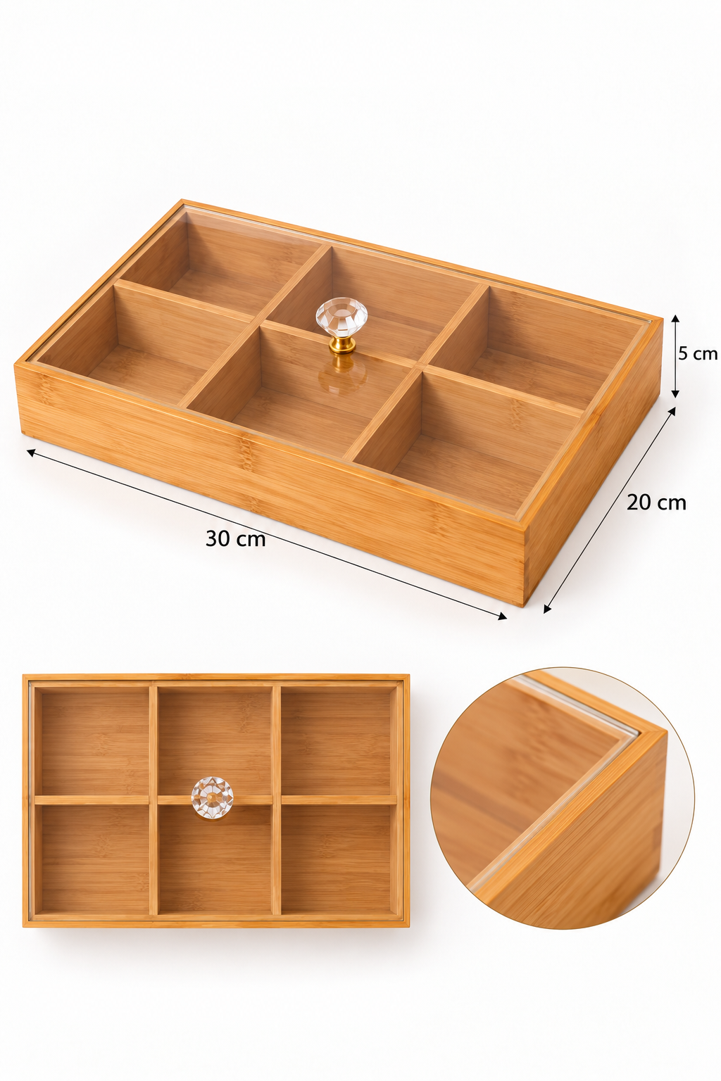 6 Gözlü, Akrilik Kapaklı, Mdf Çok Amaçlı Dekoratif Kutu, Takı Organizeri, Çerezlik 30x20 cm