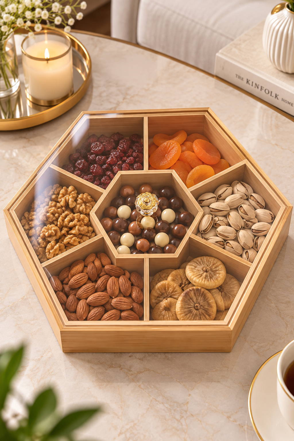 Bambu 7 Bölmeli Kapaklı Sunumluk – Kristal Kulplu Kahvaltılık, Çerezlik ve Takı Düzenleyici 27 cm
