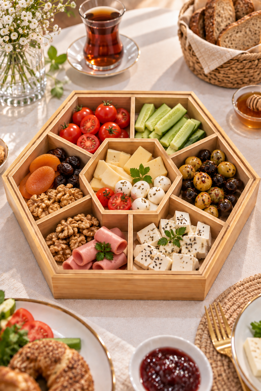 Bambu 7 Bölmeli Kapaklı Sunumluk – Kristal Kulplu Kahvaltılık, Çerezlik ve Takı Düzenleyici 27 cm