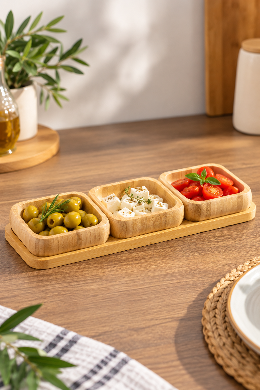 4 Parça Bambu Sunumluk Seti – 3’lü Kare Kase ve Stand – Çerezlik, Kahvaltılık ve Sosluk