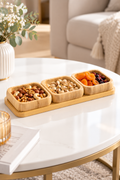 4 Parça Bambu Sunumluk Seti – 3’lü Kare Kase ve Stand – Çerezlik, Kahvaltılık ve Sosluk