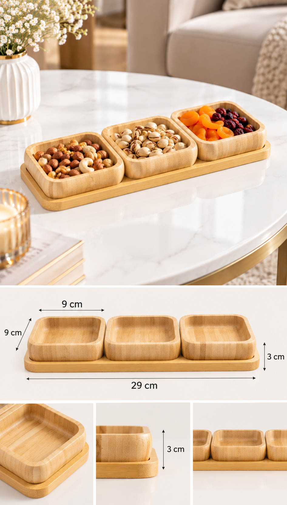 4 Parça Bambu Sunumluk Seti – 3’lü Kare Kase ve Stand – Çerezlik, Kahvaltılık ve Sosluk