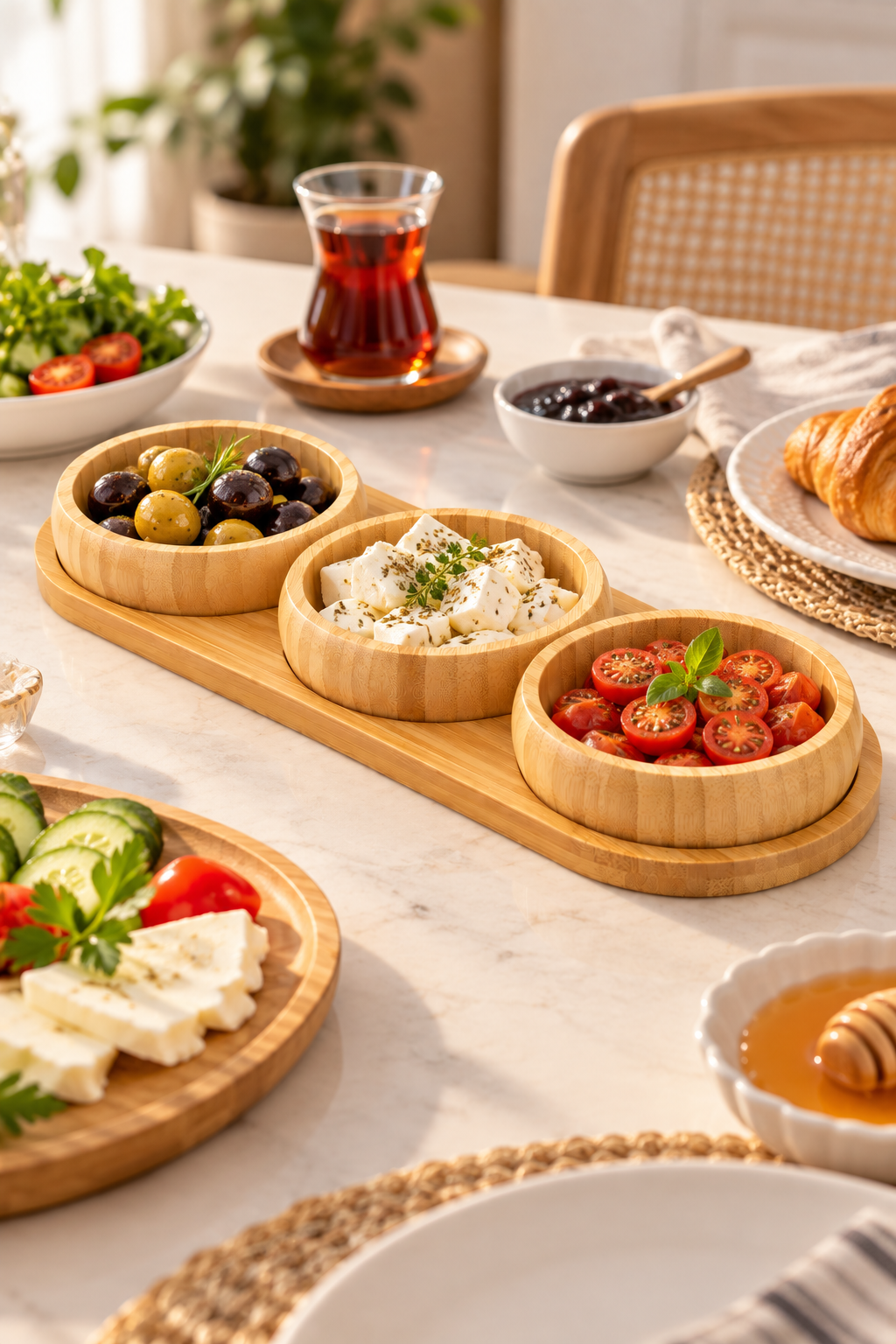 4 Parça Bambu Sunumluk Seti – 3’lü Kase ve Standlı Servis Tabağı – Kahvaltılık, Çerezlik ve Sosluk