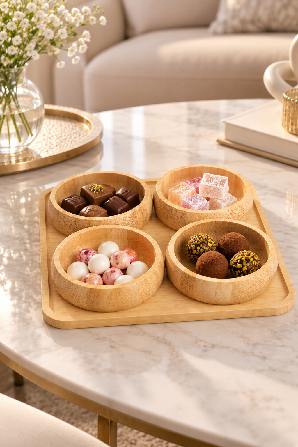 5 Parça Bambu Sunumluk Seti – 4’lü Kase ve Kare Servis Tabağı – Çerezlik, Lokumluk, Kahvaltılık