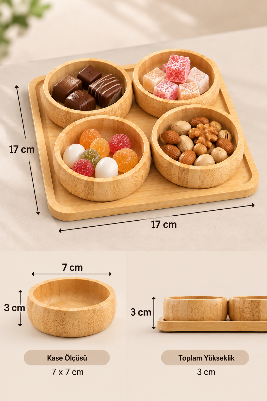 5 Parça Bambu Sunumluk Seti – 4’lü Kase ve Kare Servis Tabağı – Çerezlik, Lokumluk, Kahvaltılık