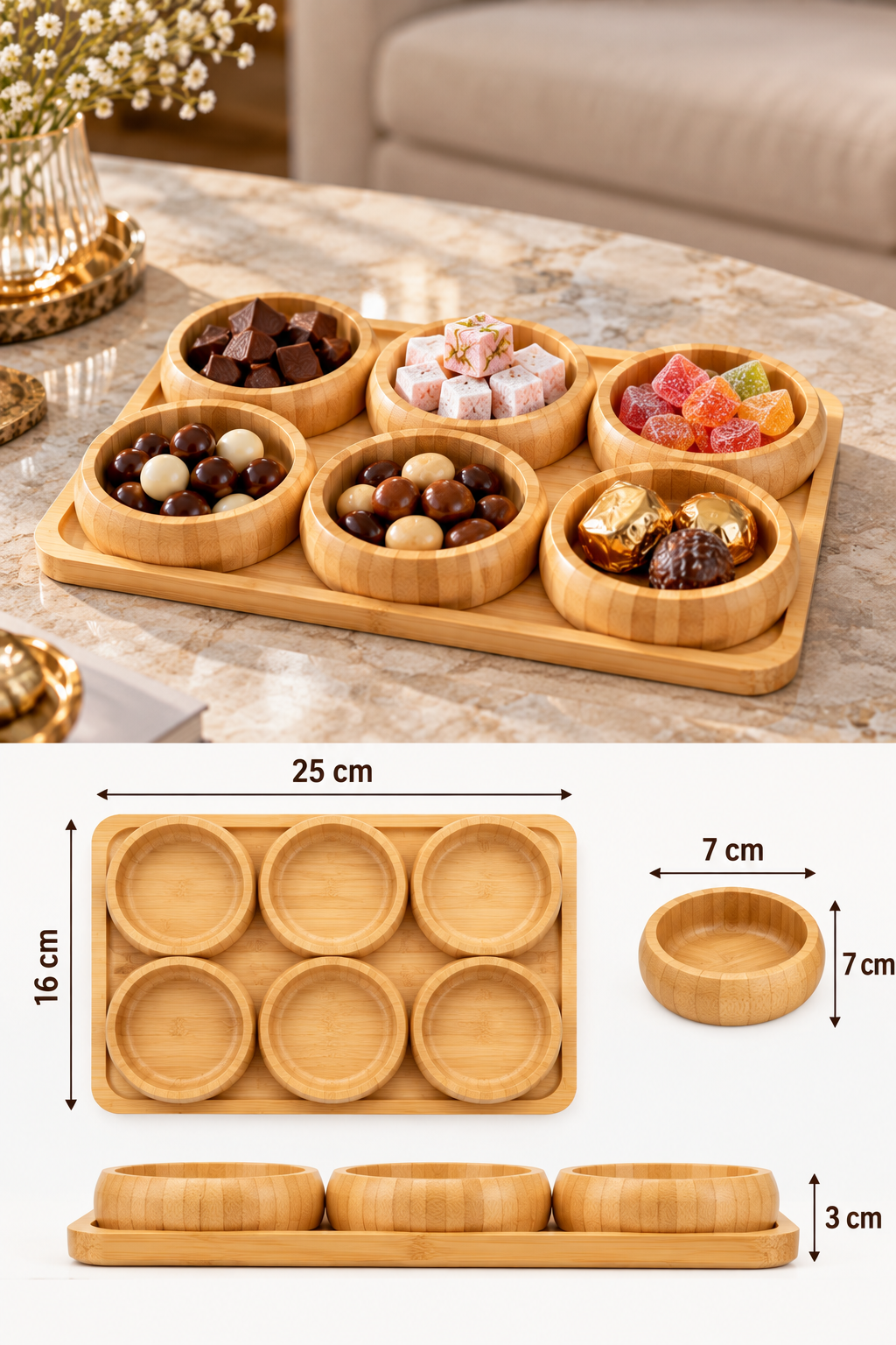 7 Parça Bambu 6’lı Sunumluk Seti – Çerezlik, Kahvaltılık, Lokumluk ve Sosluk Servis Seti