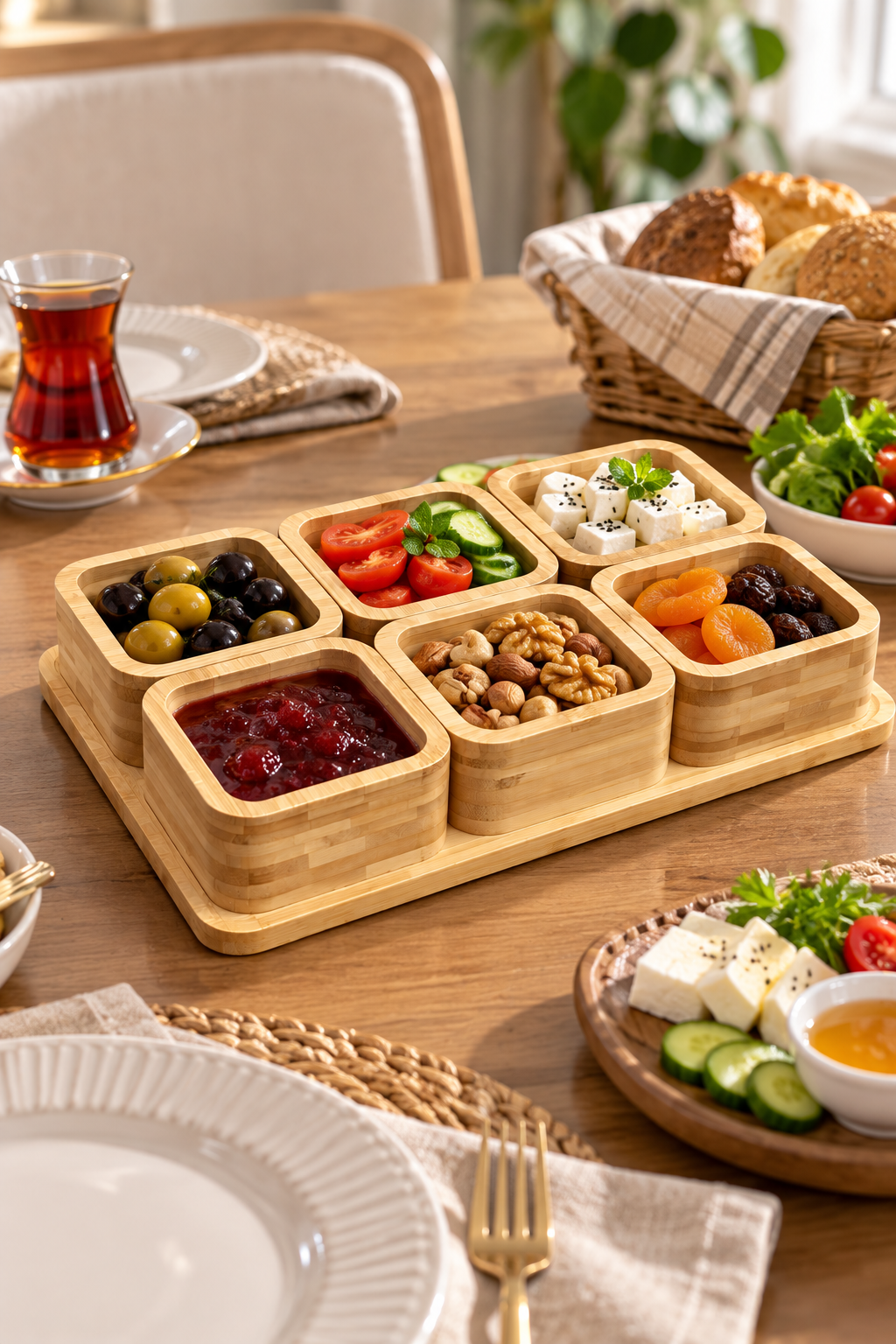7 Parça Bambu Sunumluk Seti – 6’lı Kare Kase ve Servis Tabağı – Kahvaltılık, Çerezlik ve Sunum Seti
