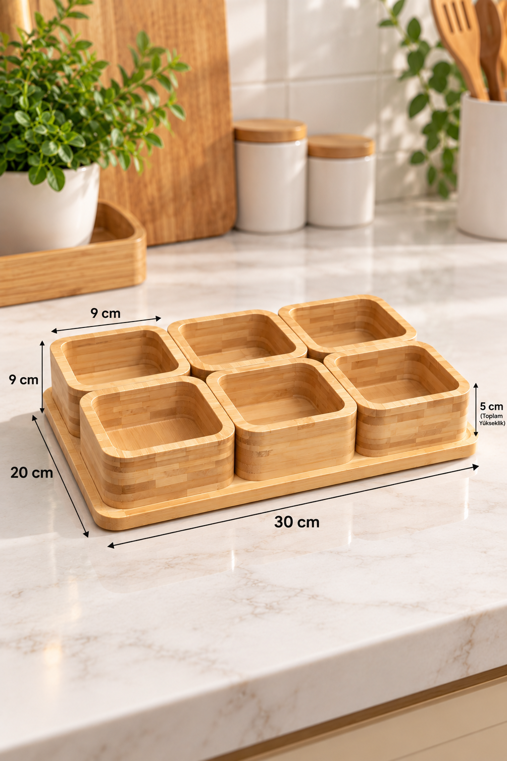 7 Parça Bambu Sunumluk Seti – 6’lı Kare Kase ve Servis Tabağı – Kahvaltılık, Çerezlik ve Sunum Seti