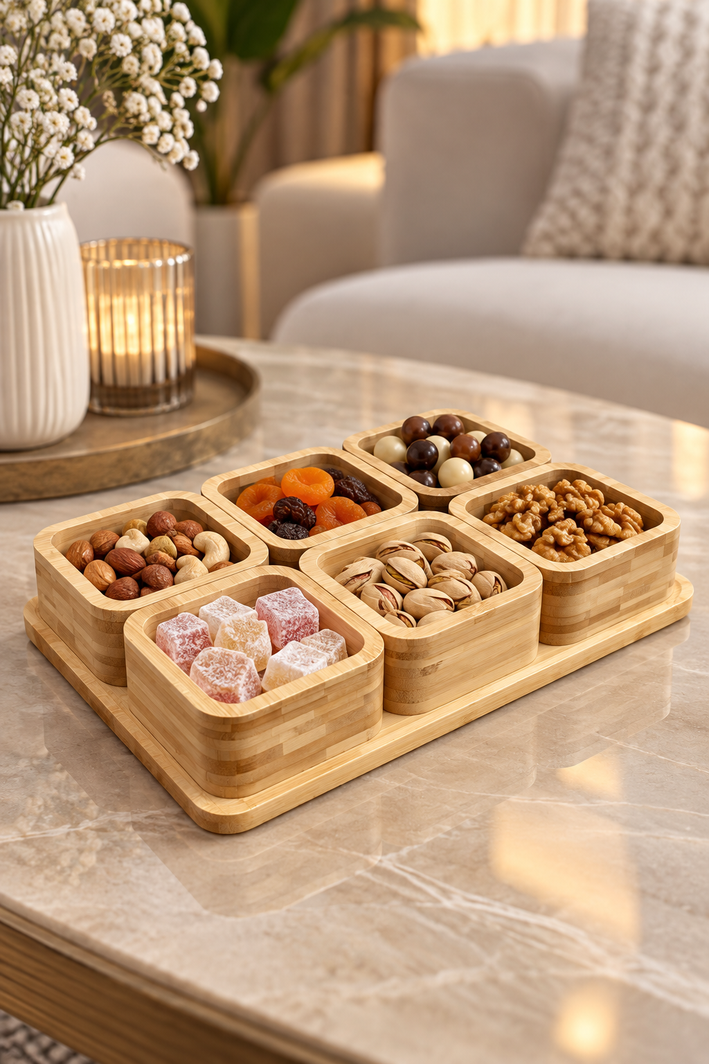 7 Parça Bambu Sunumluk Seti – 6’lı Kare Kase ve Servis Tabağı – Kahvaltılık, Çerezlik ve Sunum Seti