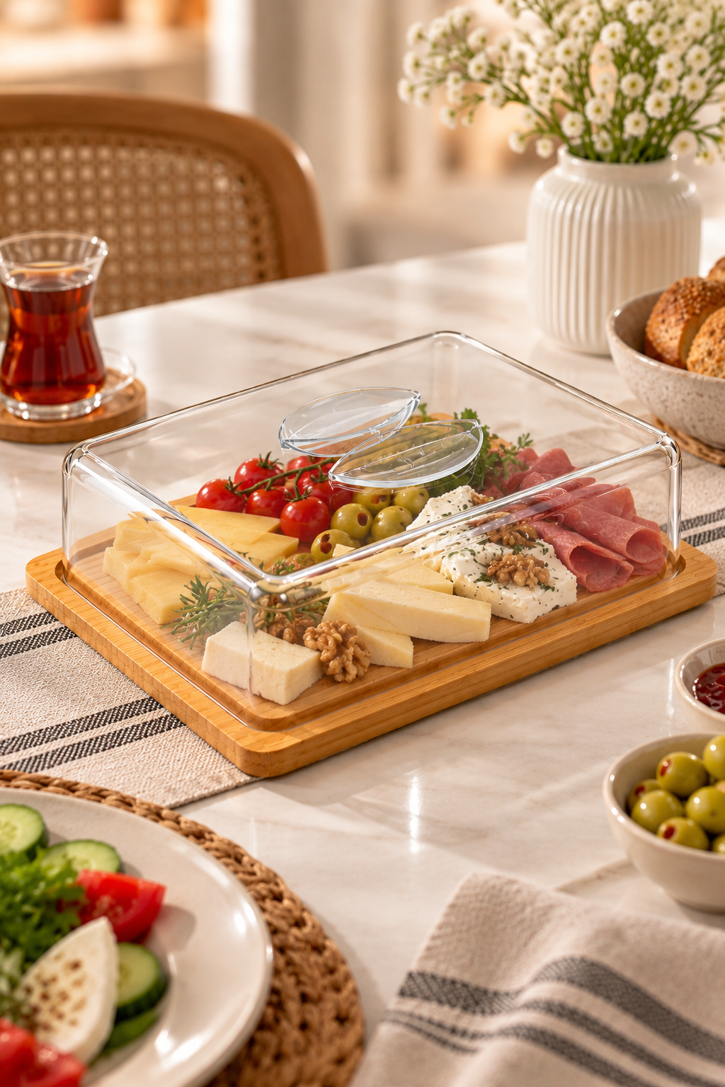 Bambu Kapaklı Sunumluk – Şeffaf Kapaklı Peynirlik, Kahvaltılık ve Kek Fanusu