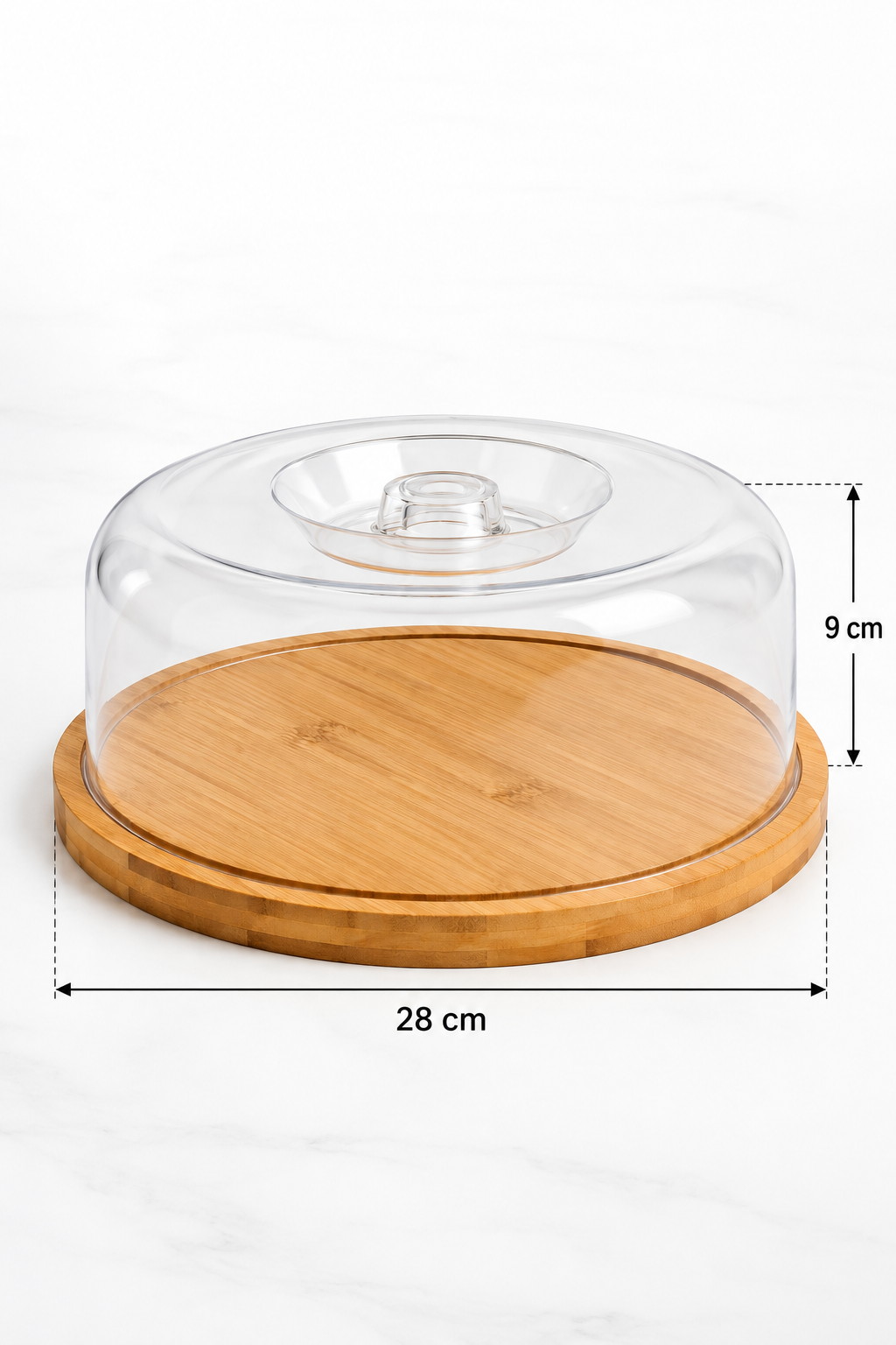 Bambu Tabanlı Şeffaf Kapaklı Kek ve Pasta Sunumluk – 28 cm Yuvarlak Servis Tabağı