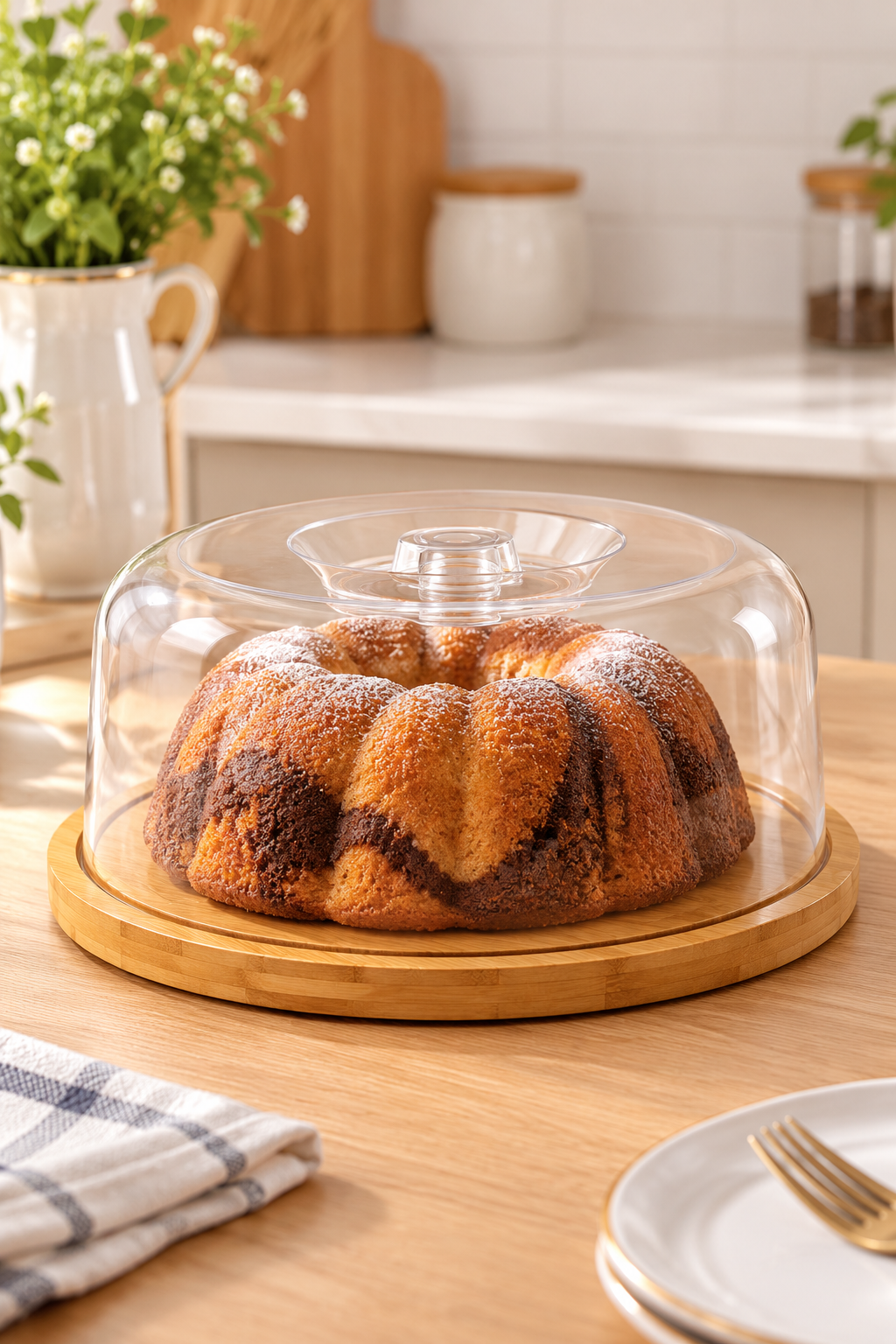 Bambu Tabanlı Şeffaf Kapaklı Kek ve Pasta Sunumluk – 28 cm Yuvarlak Servis Tabağı
