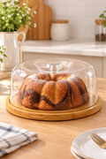 Bambu Tabanlı Şeffaf Kapaklı Kek ve Pasta Sunumluk – 28 cm Yuvarlak Servis Tabağı