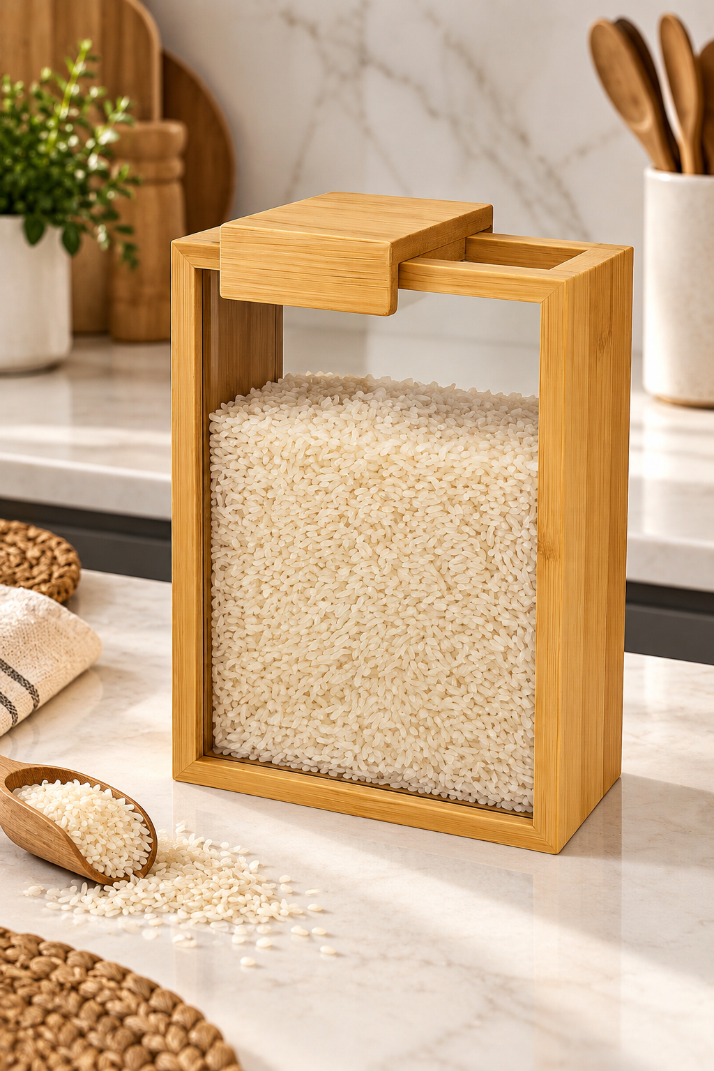 Bambu Saklama Kabı – Şeffaf Pencereli Sürgülü Kapaklı Bakliyat, Kahve, Çay ve Kuru Gıda Kabı