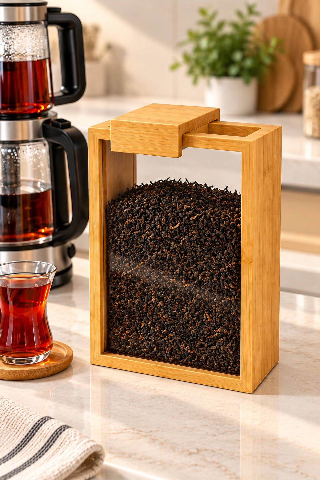 Bambu Saklama Kabı – Şeffaf Pencereli Sürgülü Kapaklı Bakliyat, Kahve, Çay ve Kuru Gıda Kabı