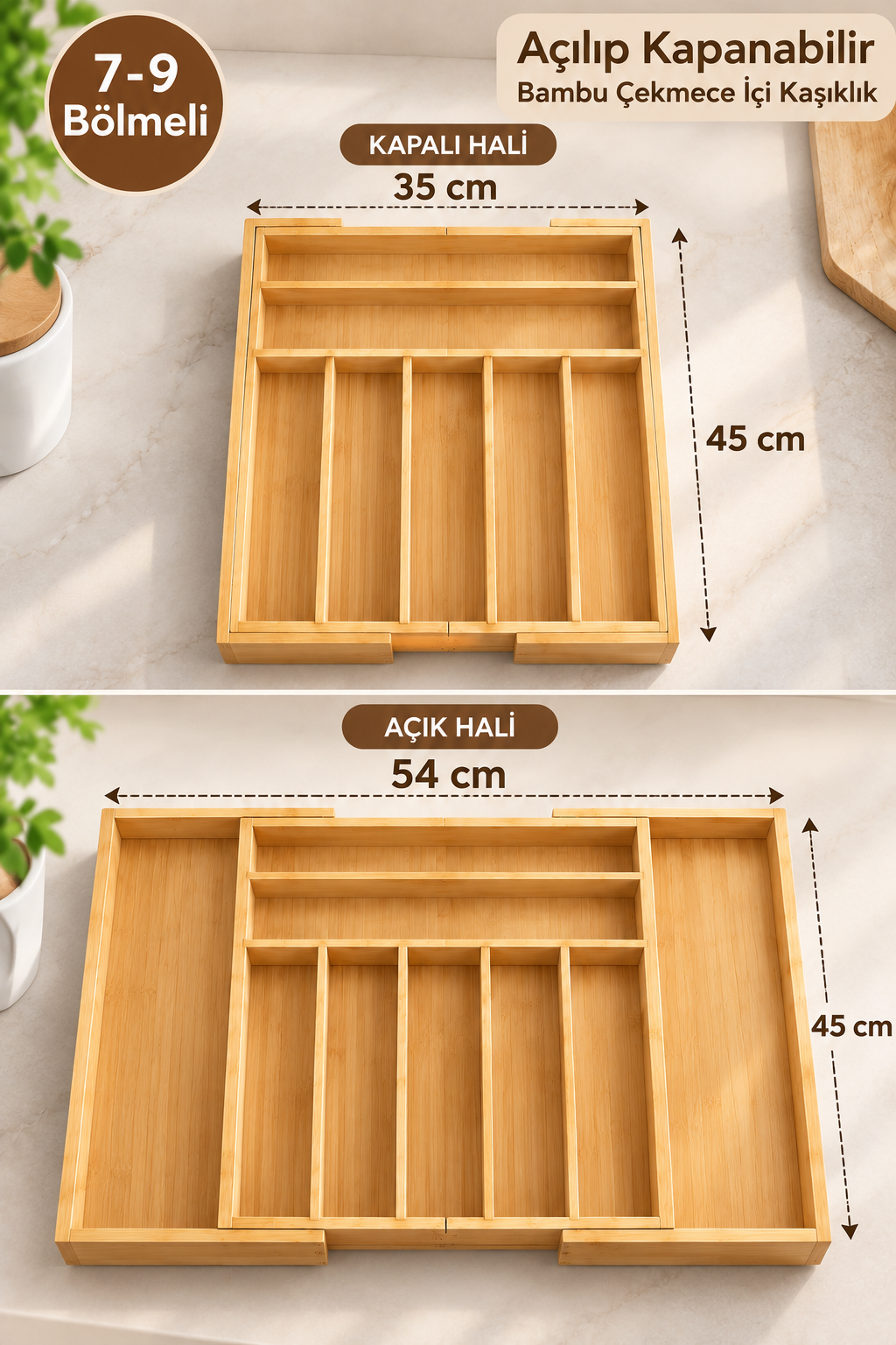 Ayarlanabilir Bambu Çekmece İçi Kaşıklık 7-9 Bölmeli- Düzenleyici