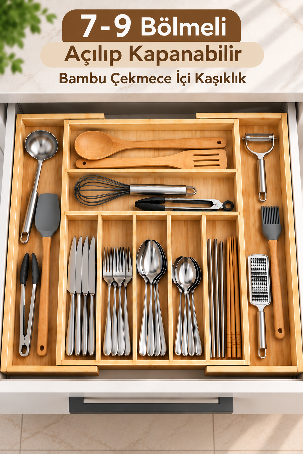 Ayarlanabilir Bambu Çekmece İçi Kaşıklık 7-9 Bölmeli- Düzenleyici