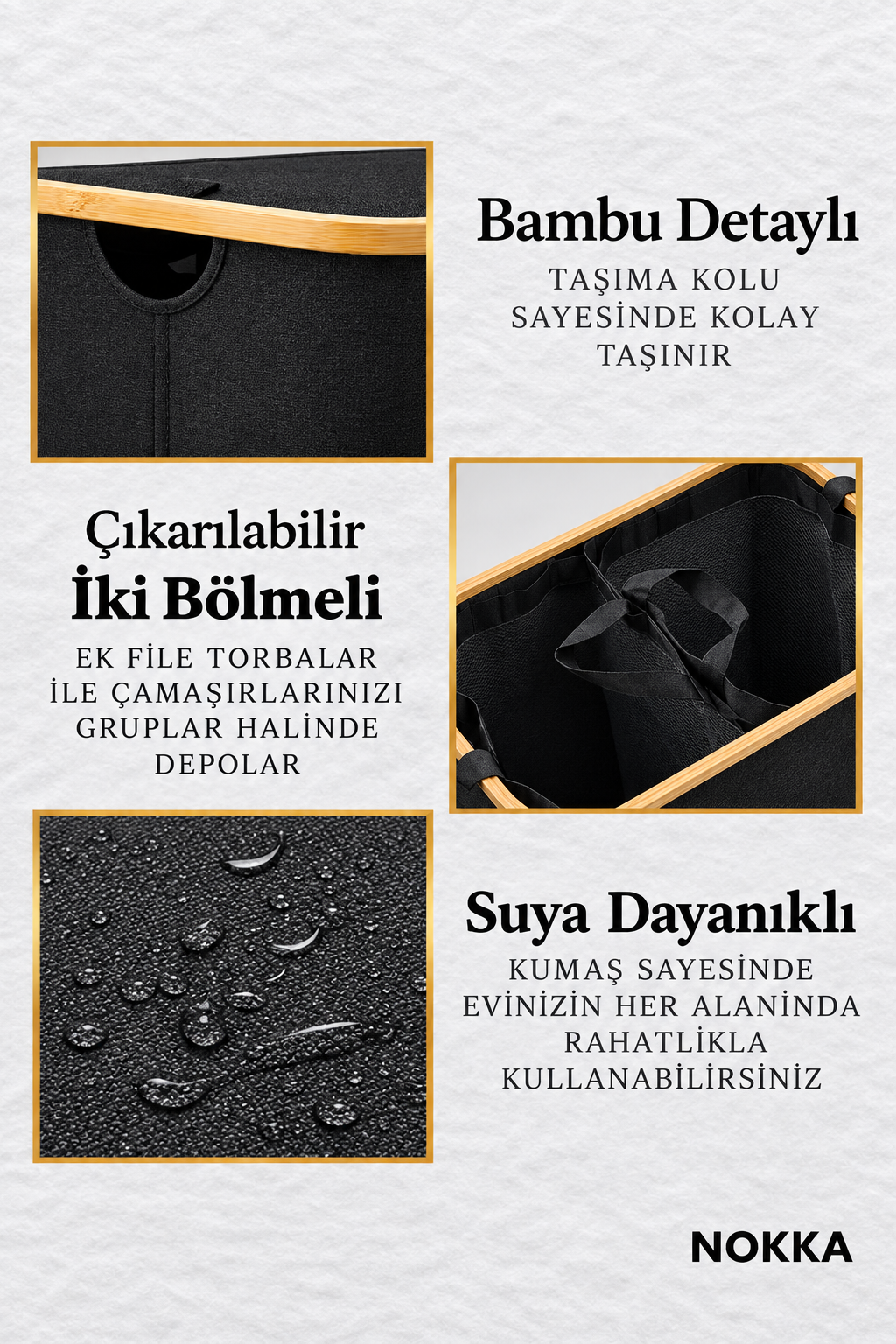 150 Litre İki Bölmeli Katlanabilir Çamaşır Sepeti – Bambu Detaylı, Kapaklı, Çıkarılabilir Fileli Siyah