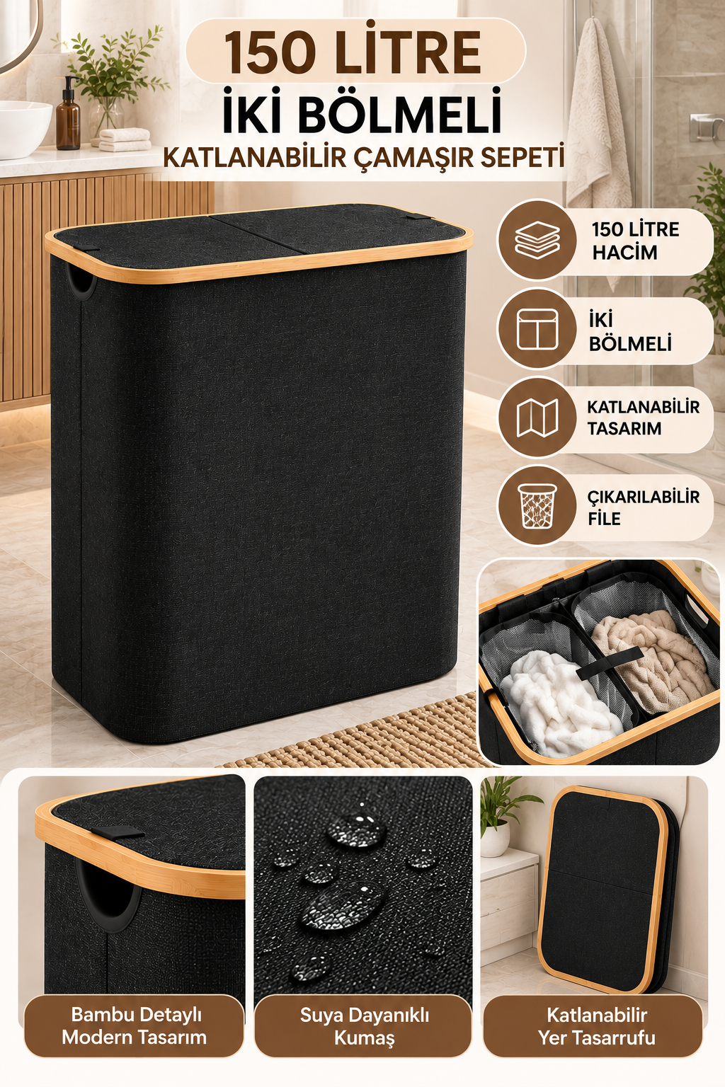 150 Litre İki Bölmeli Katlanabilir Çamaşır Sepeti – Bambu Detaylı, Kapaklı, Çıkarılabilir Fileli Siyah