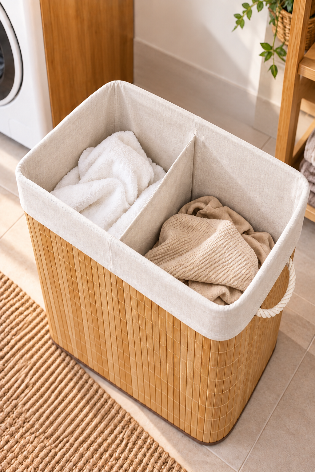90 Litre Katlanabilir Bambu Çamaşır Sepeti – 2 Bölmeli, Çıkarılabilir Fileli, Kapaklı