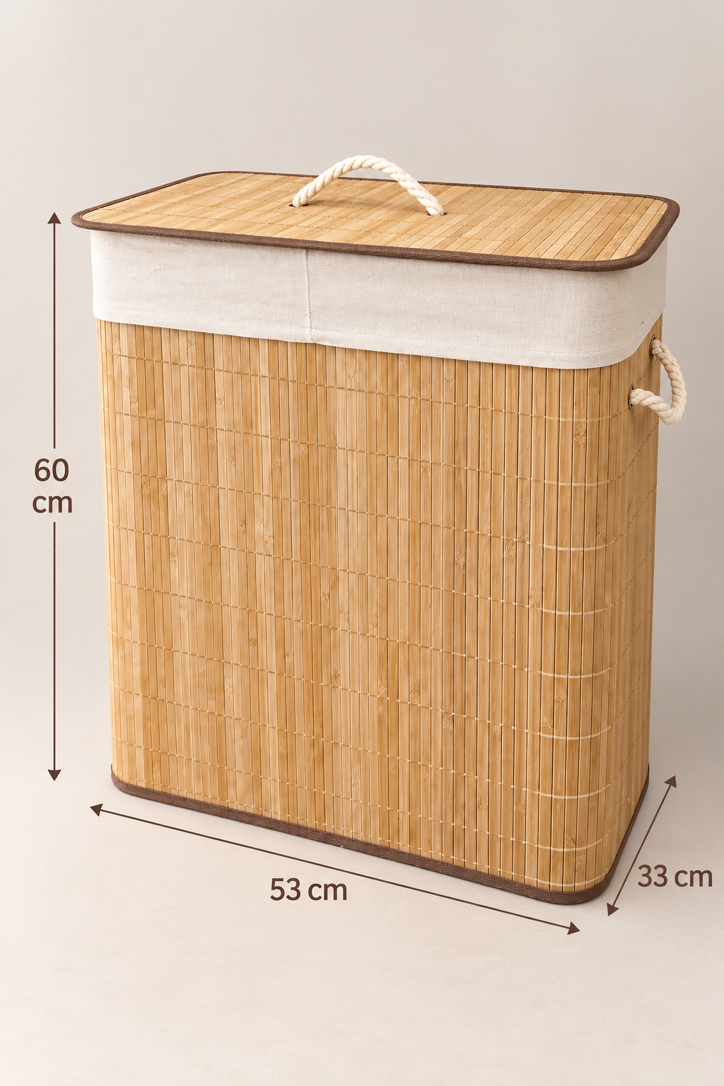 90 Litre Katlanabilir Bambu Çamaşır Sepeti – 2 Bölmeli, Çıkarılabilir Fileli, Kapaklı