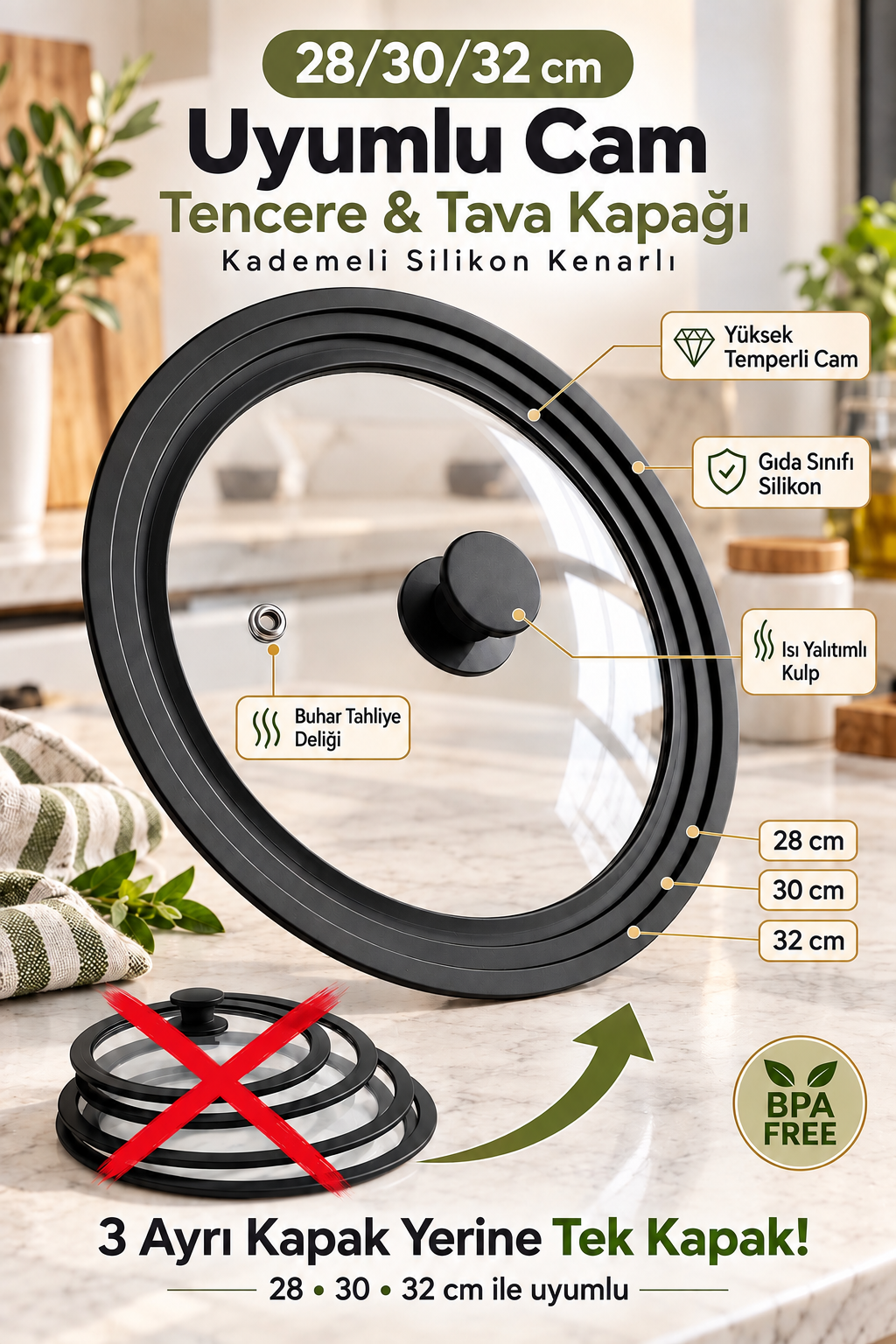 3 Kademeli Silikon Kenarlı Cam Tencere ve Tava Kapağı