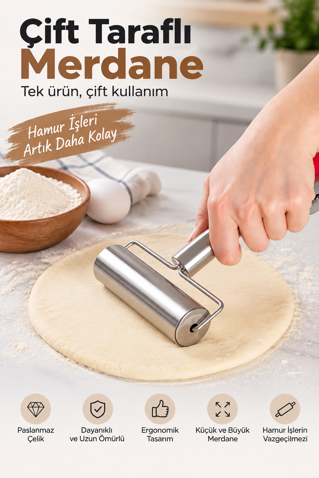 Çift Taraflı Paslanmaz Çelik Merdane – Küçük ve Büyük Hamur Açma Rulosu – Ergonomik El Merdanesi