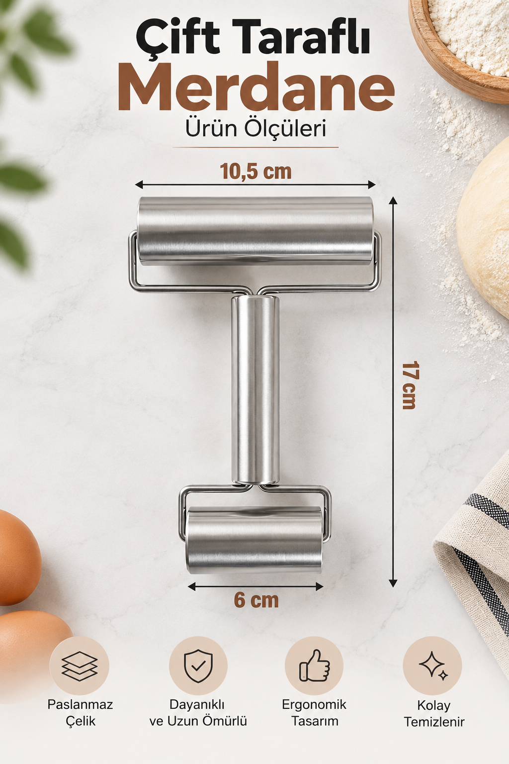 Çift Taraflı Paslanmaz Çelik Merdane – Küçük ve Büyük Hamur Açma Rulosu – Ergonomik El Merdanesi