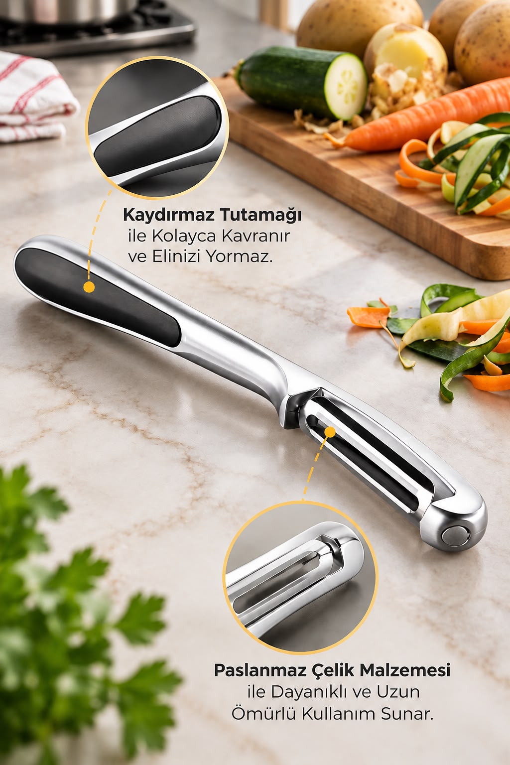 Sebze & Meyve Soyacağı Paslanmaz Çelik – Ergonomik Kaydırmaz Saplı Profesyonel Soyacak